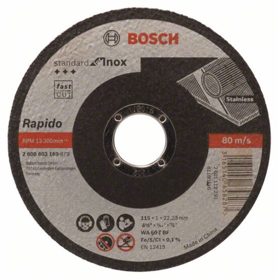 Диск отрезной Bosch Standard for Inox Rapido 115x1.0x22.23 WA60T BF, прямой